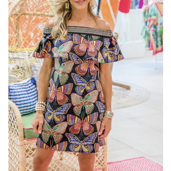 Trina Turk Dresses & Skirts - Trina Turk Welton Butterfly Off The Shoulder Dress Womens XS Black Shift Resort